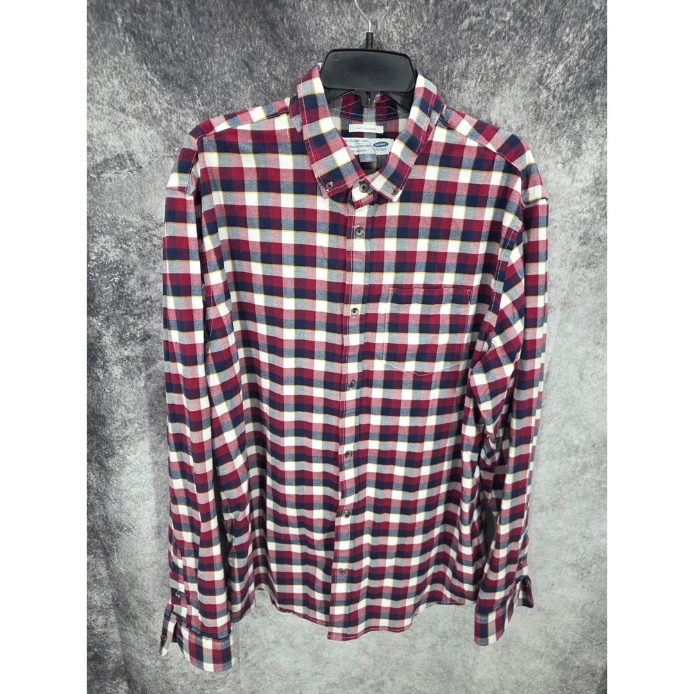 Old Navy Oxford Shirt Men 2XL Tall Red Plaid Button Up Heavyweight Everyday Wear